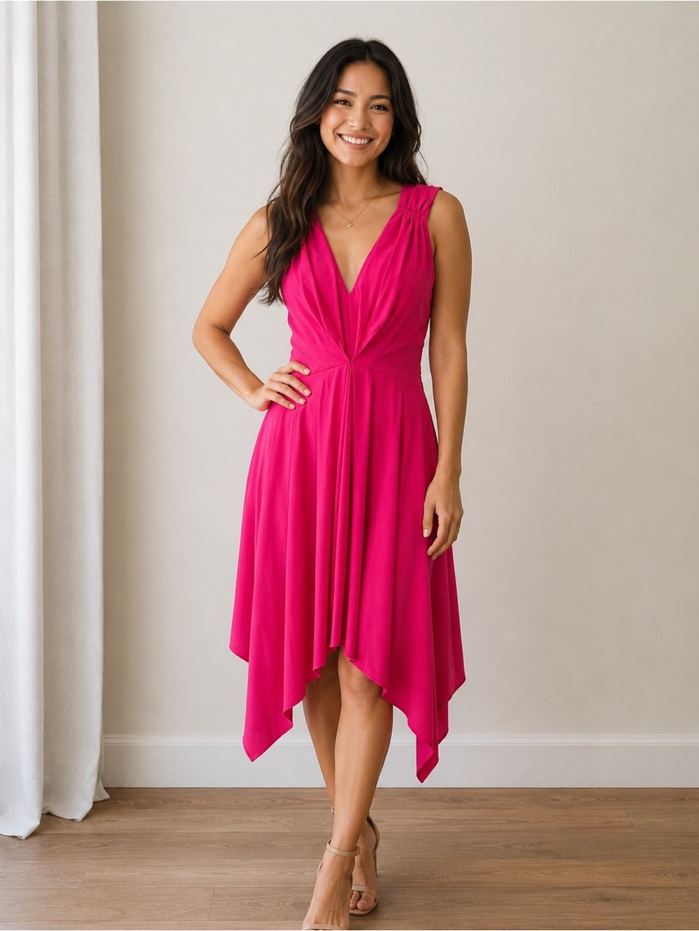Yoana Baraschi Bright Fuchsia V-Neck Handkerchief Hem Dress vintage Barbie 4